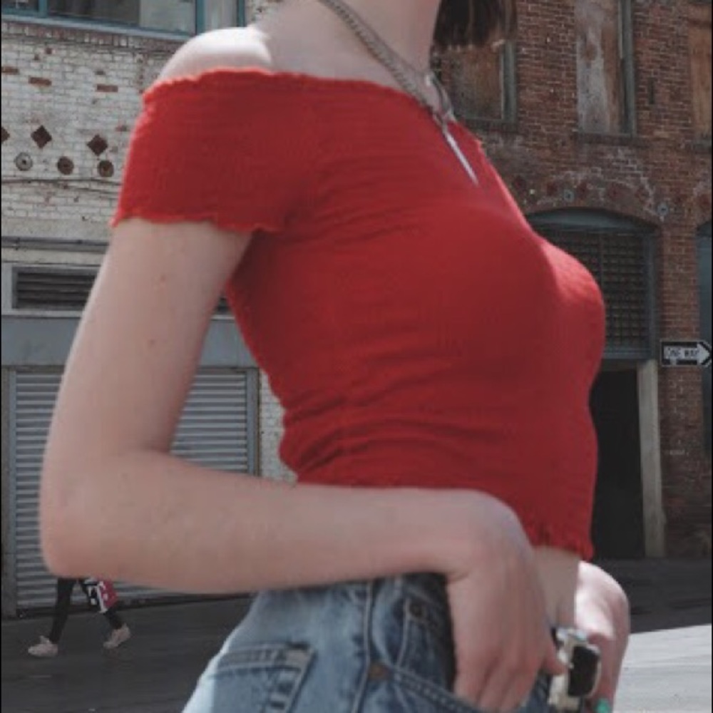 Brandy Melville Red Smocked Off Shoulder Top